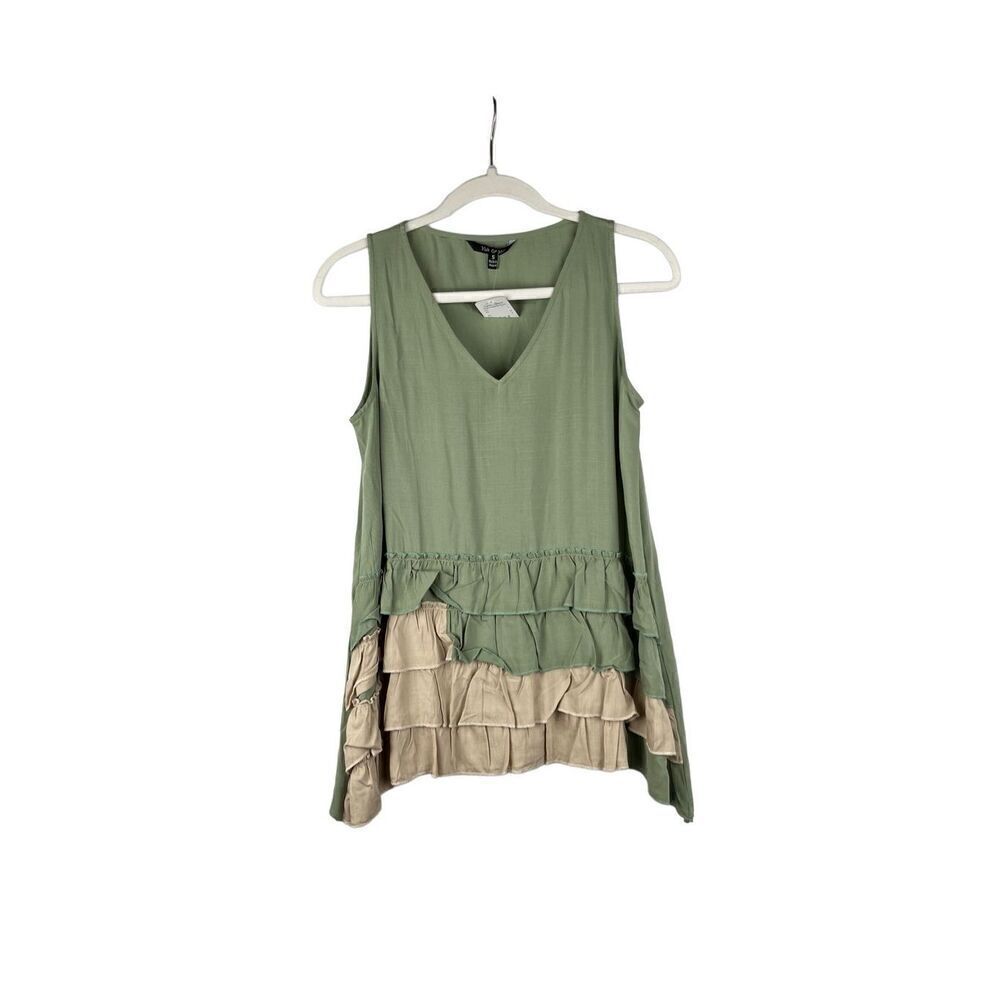 Sleeveless Ruffle-Hem Tank Top - Sage and Beige